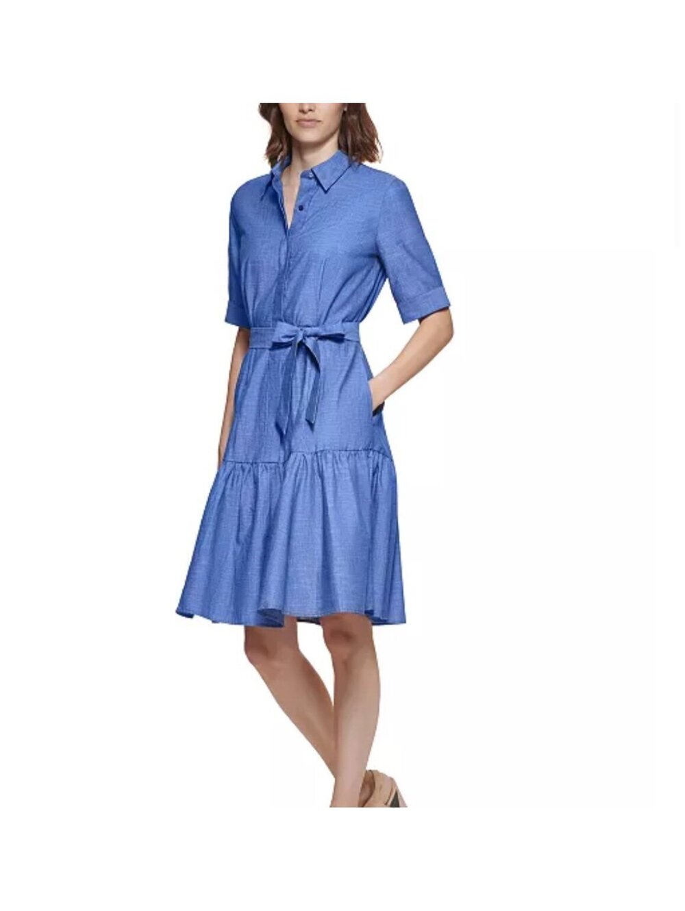 Calvin Klein Women's Denim Belted Ruffled Shirtdress